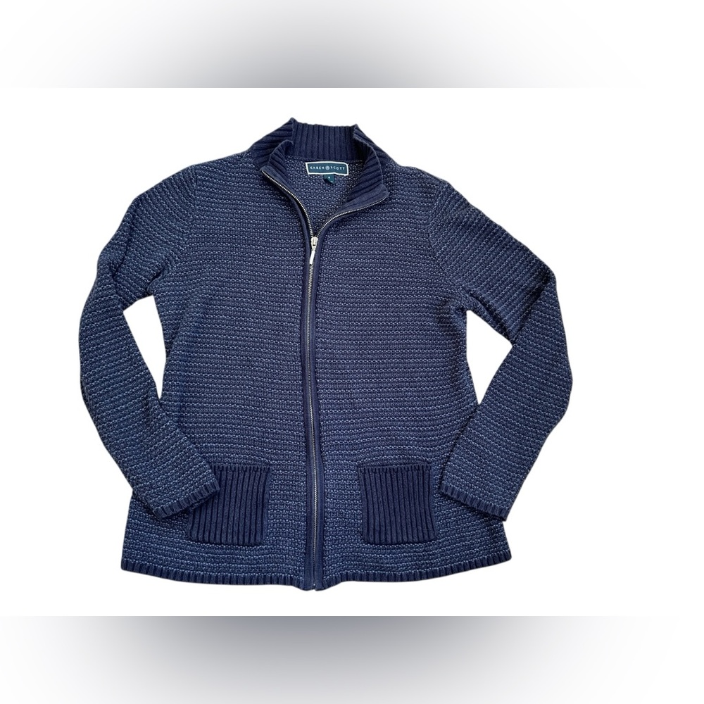 Karen Scott Navy Blue Knit Zip Up Sweater